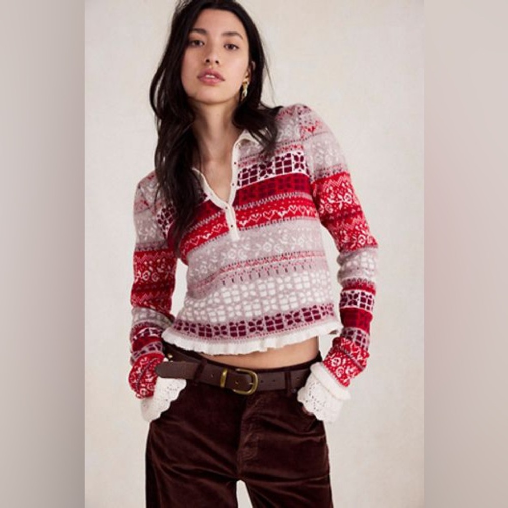 Red Patterned Long-Sleeve Knit Top